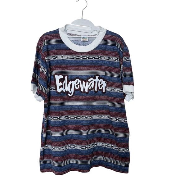 Vintage Sun Triangle Crewneck Tee Striped Geometric Blue S-M Y2k Made in the USA - Picture 1 of 5